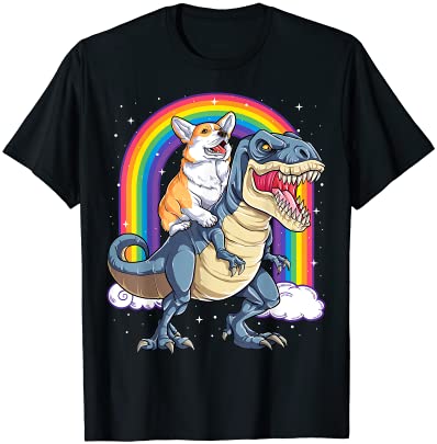 Corgi riding dinosaur t rex boys girls space galaxy rainbow t shirt men