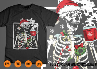 christmas skeleton cartoon svg png With Smiling Skull Drinking Coffee Latte t shirt vector file