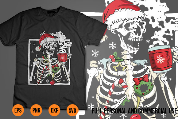 Christmas skeleton cartoon svg png with smiling skull drinking coffee latte t shirt vector file
