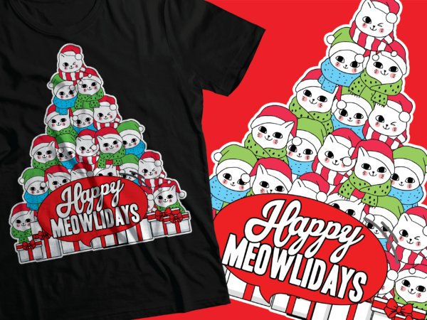 Happy meowlidays – cat christmas tee shirt |cat tshirt design |christmas design