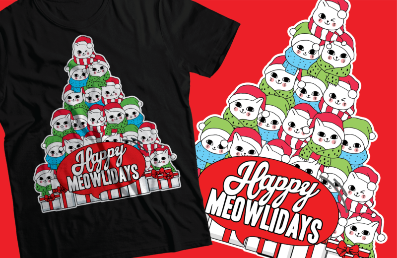 Happy meowlidays – cat Christmas Tee Shirt |cat tshirt design |Christmas design
