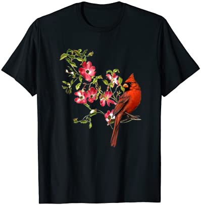 Red cardinal bird and pink flowering dogwood blossoms t shirt men