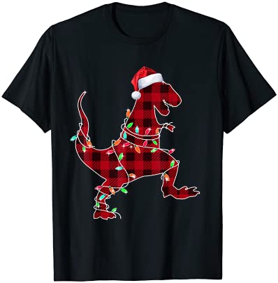 Red plaid dinosaur hat santa christmas lights buffalo family t shirt men