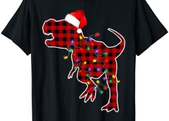 red plaid dinosaur t rex christmas lights pajamas adult kids t shirt men