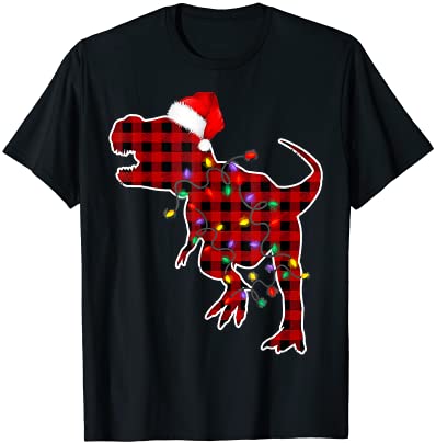 Red plaid dinosaur t rex christmas lights pajamas adult kids t shirt men