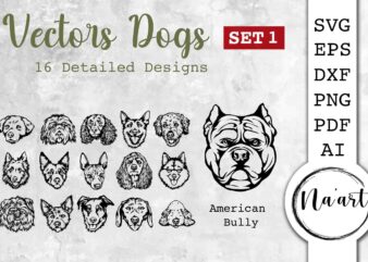 Vectors dogs, 16 detailed svg, pet portrait set 1