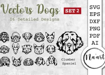 Vectors dogs, 16 detailed svg, pet portrait set 2