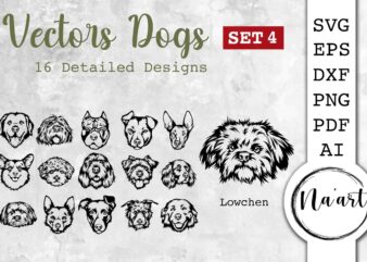 Vectors Dogs, 16 Detailed SVG, Pet Portrait Set 4