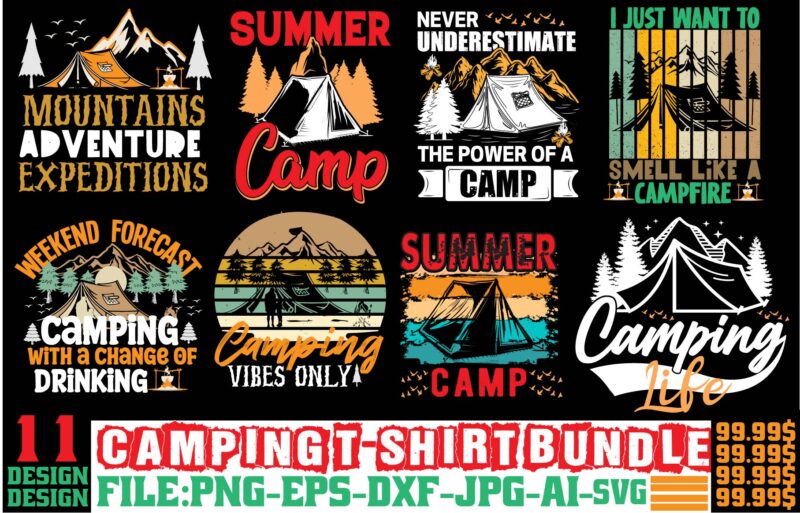 Campking T-shirt Bundle ,11 Design, camping t shirt design, camping t shirt design ideas, retro camping t shirt design, best camping t shirt design, i love camping t shirt designs,