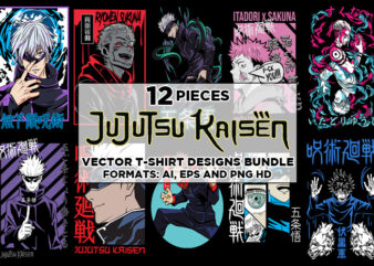 12 Jujutsu Kaisen Vector T-Shirt Designs Bundle #1