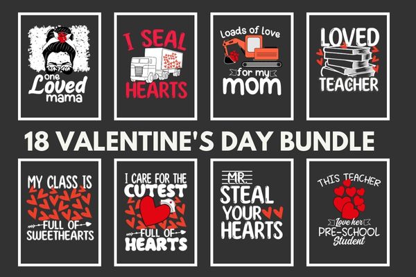 18 valentines day teacher, kindergarten, nurse, video game t-shirt design bundle