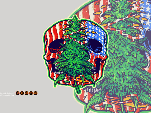 American skull head cannabis leaf plant illustrations t shirt vector