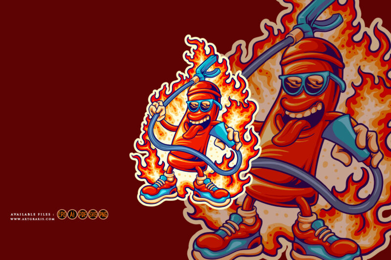 Flaming fire hydrant spray with sunglasses illustrations