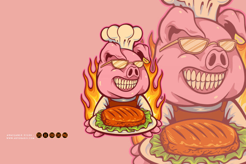 Chef pig meat bbq mascot illustration