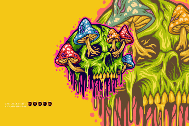 Magic mushrooms skull colorful illustrations