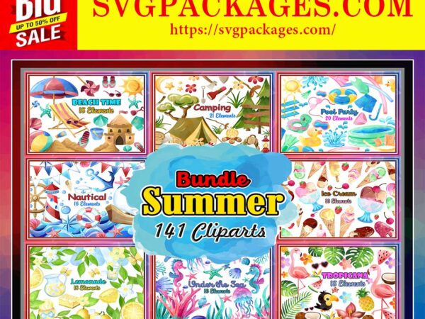 Https://svgpackages.com 141 bundle summer clipart, summer cliparts, watercolor cliparts, vacation clipart, summer bundles, vacation bundle, digital download 803184652 graphic t shirt