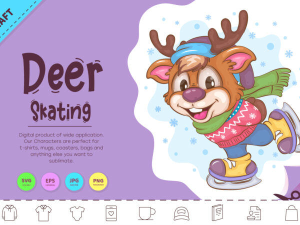 Cartoon deer skating. clipart. t shirt vector file