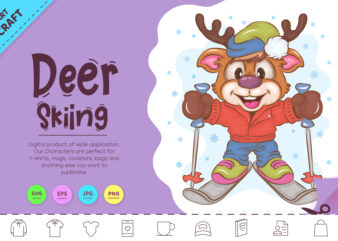 Cartoon Deer Skiing. Clipart t shirt vector file