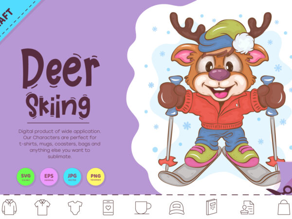 Cartoon deer skiing. clipart t shirt vector file