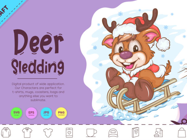 Cartoon deer sledding. clipart t shirt vector file