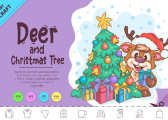 Cartoon Deer and Christmas Tree. Clipart t shirt vector file
