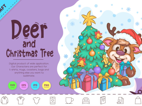 Cartoon deer and christmas tree. clipart t shirt vector file