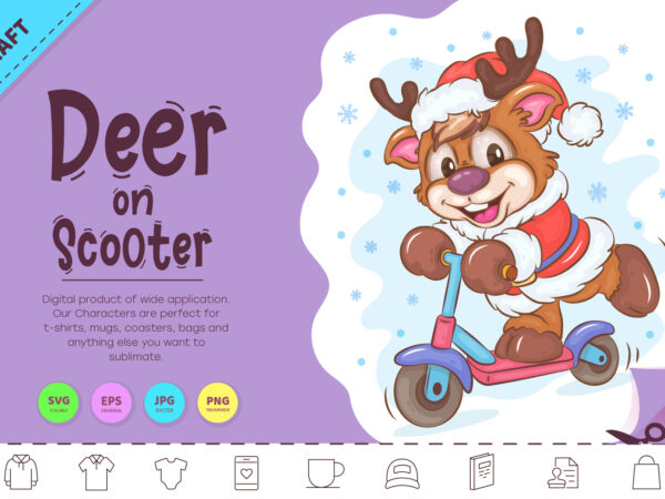 Cartoon deer on scooter. clipart t shirt vector file