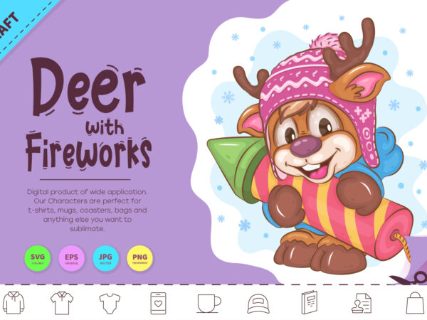 Cartoon deer with fireworks. clipart t shirt vector file