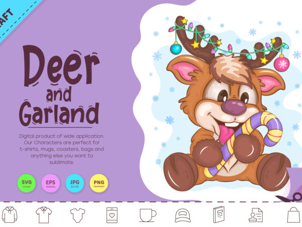 Cartoon deer with garland. clipart. t shirt vector file