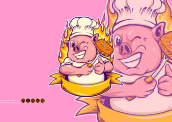 Cute piggy chef logo ribbon scroll Illustrations t shirt vector file