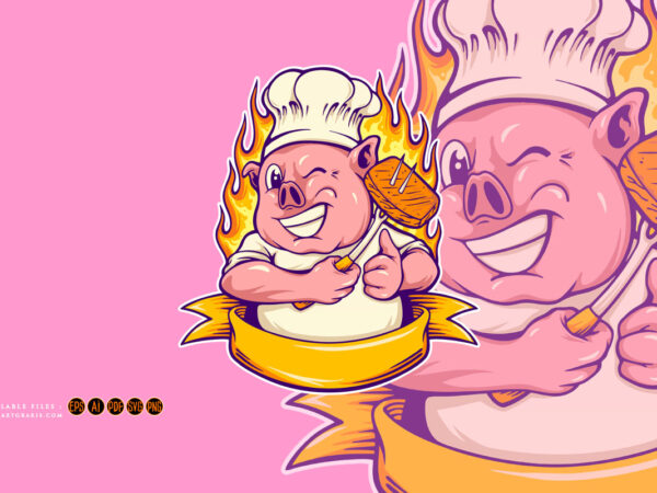 Cute piggy chef logo ribbon scroll illustrations t shirt vector file