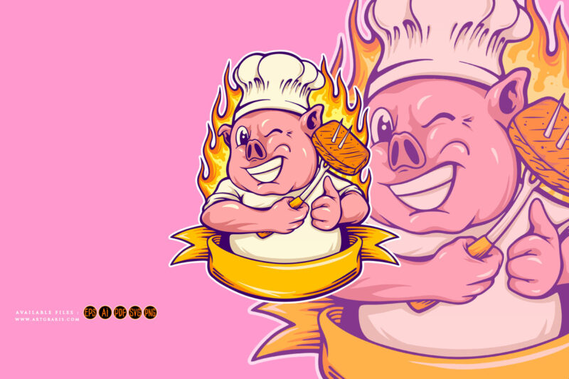 Cute piggy chef logo ribbon scroll Illustrations