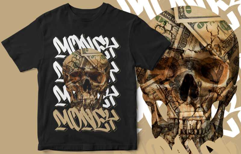 Dollar, Skull, Streetwear, T-Shirt Design, Skull Graphic T-Shirt Design, Skull vector