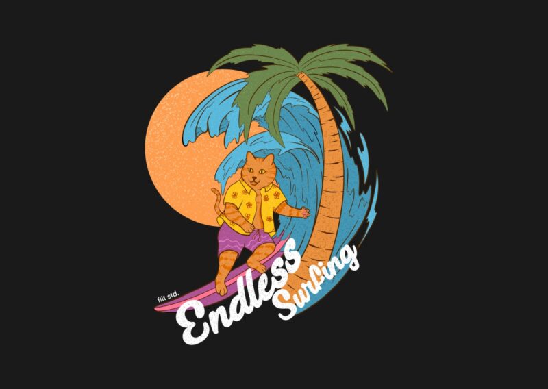 Endless Surfing – Surf Cat T-shirt Design | Surfing T-shirt Design, Surf Beach T shirt Design, Tropical T shirt Design Illustration PNG – Universtock