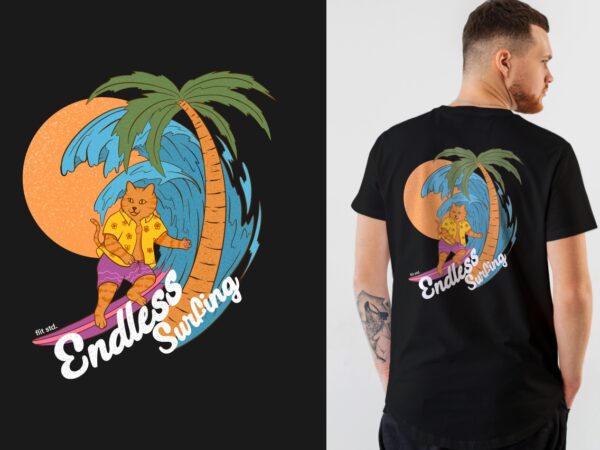 Endless surfing – surf cat t-shirt design | surfing t-shirt design, surf beach t shirt design, tropical t shirt design illustration png – universtock