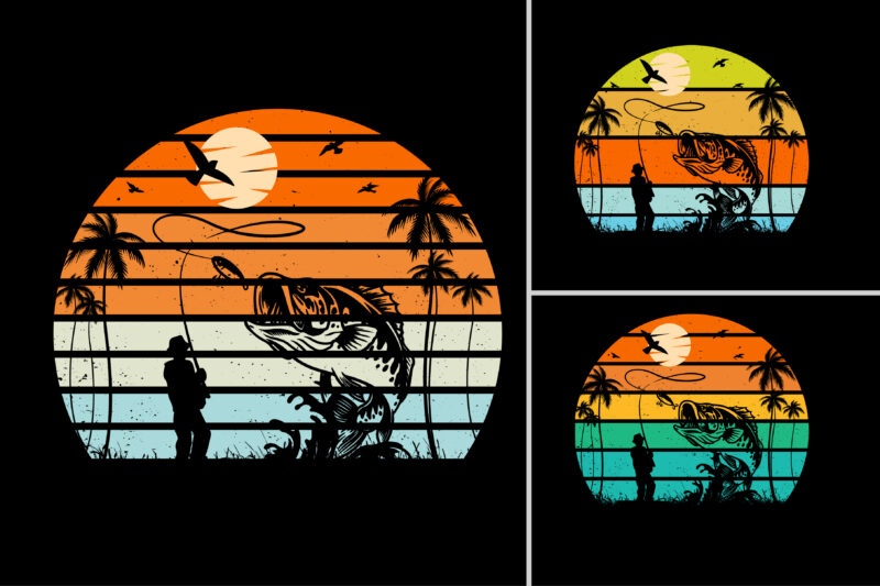 Fishing Sunset Retro Vintage Background Bundle
