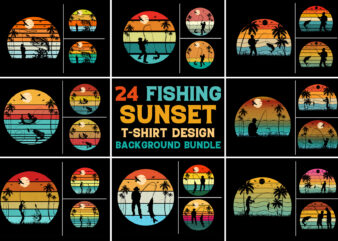 Fishing Sunset Retro Vintage Background Bundle