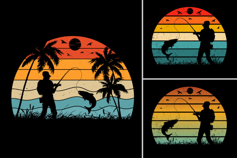 Fishing Sunset Retro Vintage Background Bundle