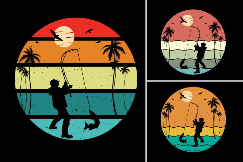 Fishing Sunset Retro Vintage Background Bundle