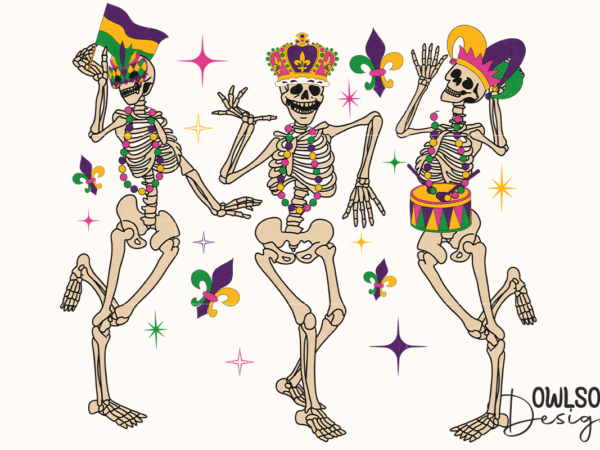 Funny skeleton dancing mardi gras png t shirt graphic design