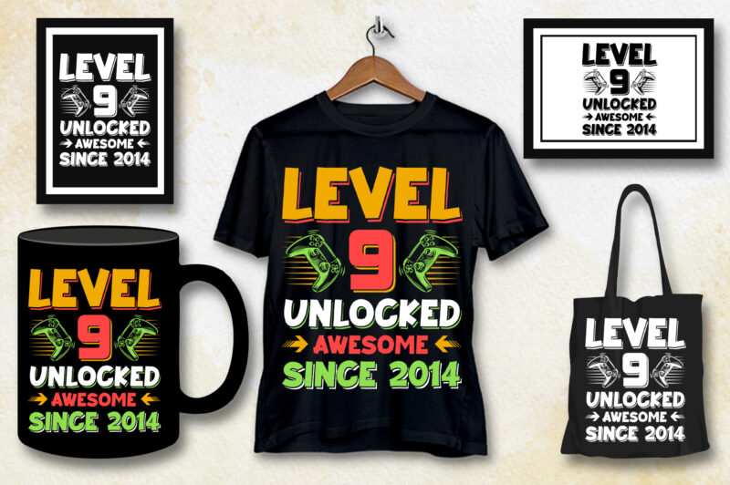 Level 9 Unlocked Awesome Since 2014 Birthday T-Shirt Design