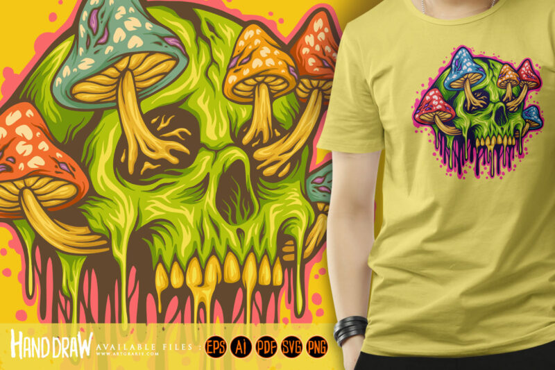 Magic mushrooms skull colorful illustrations