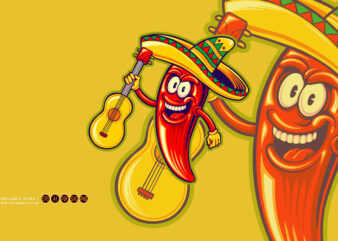 Mexican cinco de mayo chilli pepper cartoon illustrations t shirt designs for sale