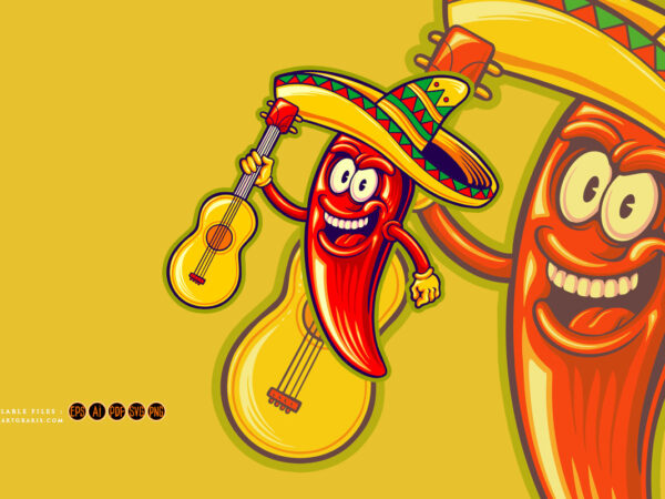 Mexican cinco de mayo chilli pepper cartoon illustrations t shirt designs for sale