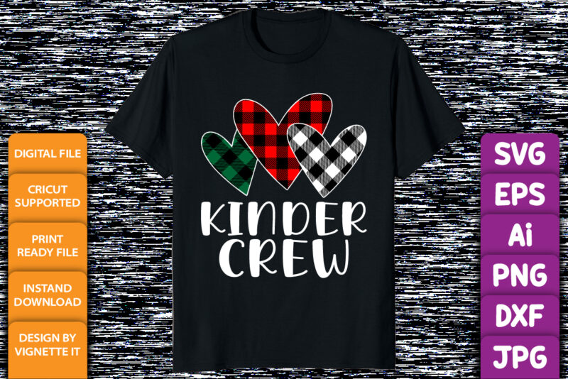 Kinder crew, Happy valentine shirt print template, heart plaid pattern vector art typography design, Copple shirt design