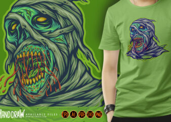 Mummies monster skull head illustrations t shirt designs for sale