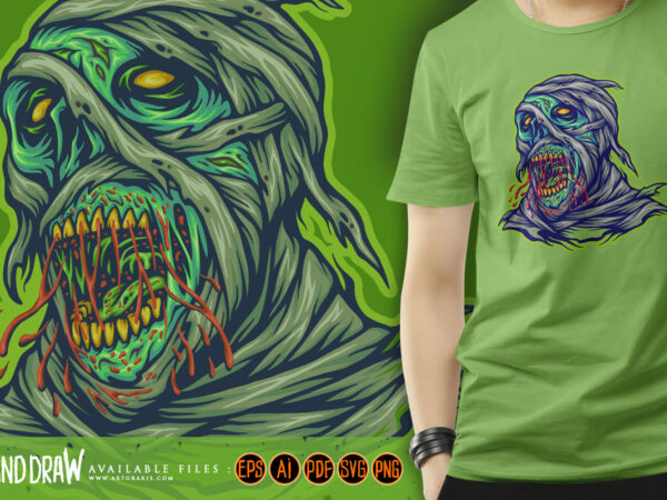 Mummies monster skull head illustrations t shirt designs for sale