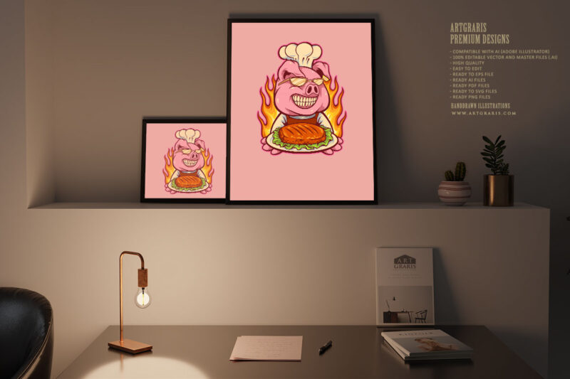 Chef pig meat bbq mascot illustration