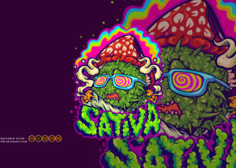 Psychedelic mushrooms sativa hand lettering illustrations