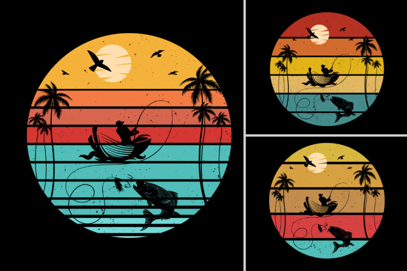 Fishing Sunset Retro Vintage Background Bundle